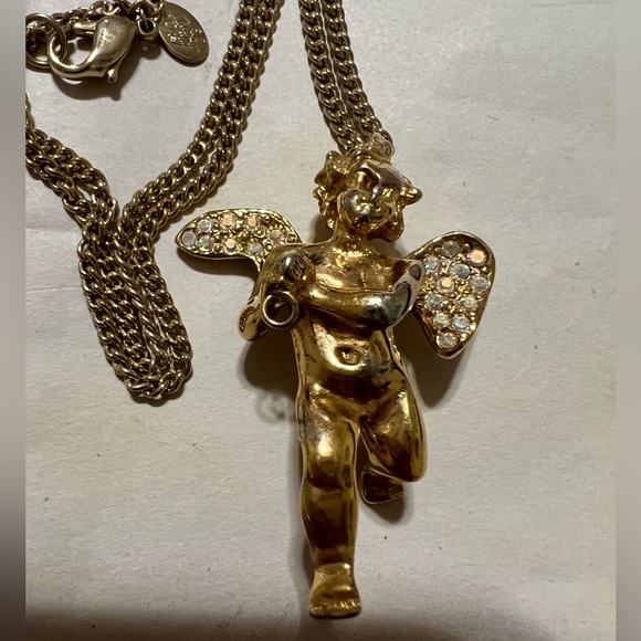 Kirks Folly First Kiss Cherub Angel Pendant Necklace - Silvertone